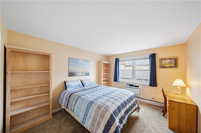 carpeted bedroom with a baseboard heating unit, an AC wall unit, and baseboards