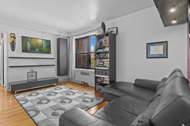 living room with a healthy amount of sunlight, radiator, and wood-type flooring