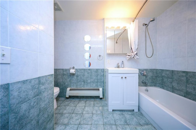 full bathroom featuring visible vents, tile patterned flooring, baseboard heating, tile walls, and shower / bathing tub combination