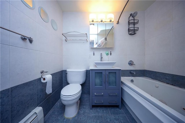 full bathroom featuring a tub to relax in, a baseboard radiator, tile patterned flooring, toilet, and tile walls