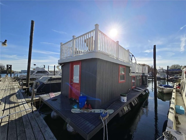 exterior space with a water view