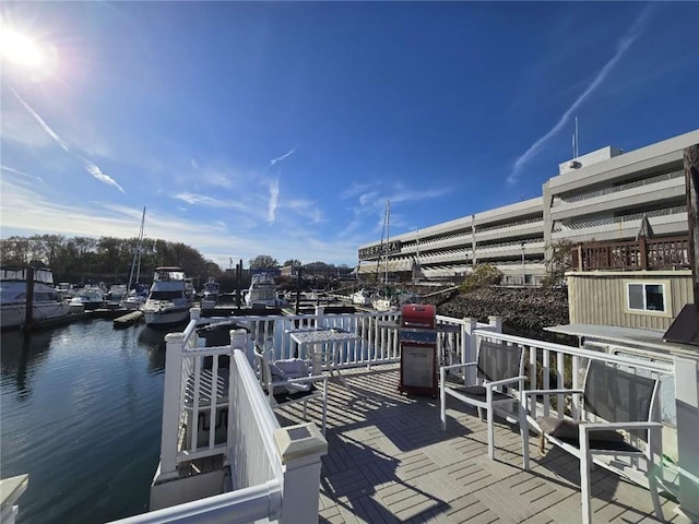 view of dock with a water view