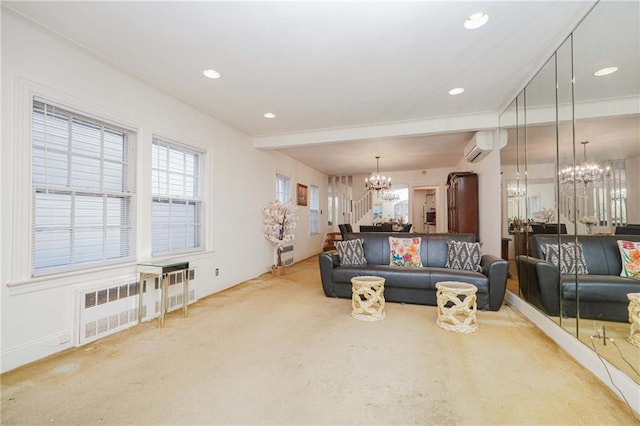 living area featuring a chandelier, radiator, carpet, recessed lighting, and an AC wall unit