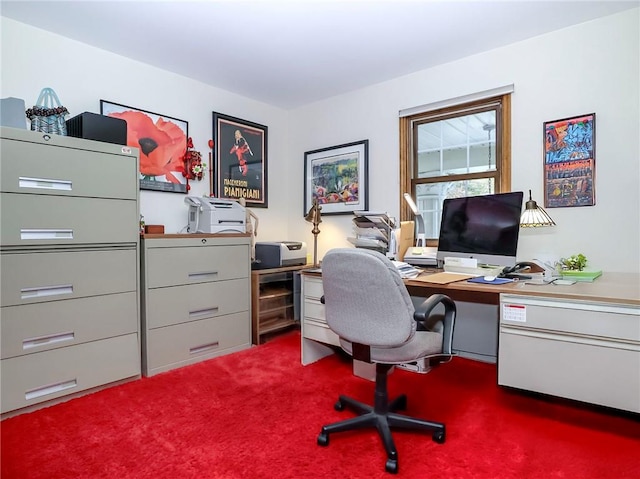 office area featuring dark colored carpet