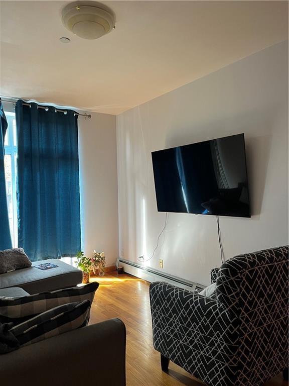 living room featuring a baseboard radiator and light hardwood / wood-style flooring