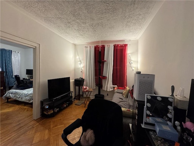 interior space featuring parquet flooring and a textured ceiling