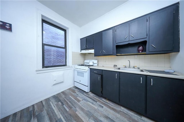 kitchen with dark hardwood / wood-style flooring, sink, white gas range oven, and tasteful backsplash