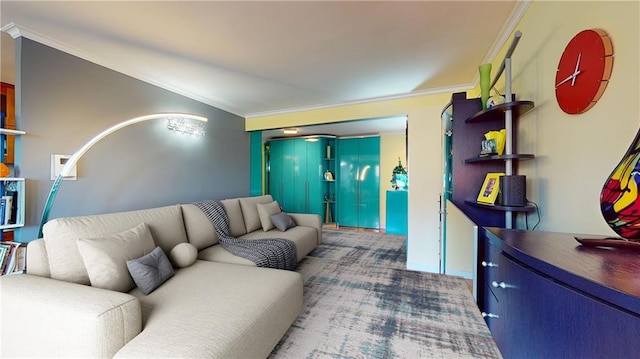 living room featuring lofted ceiling and crown molding