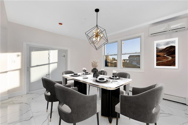 dining space featuring a baseboard heating unit, a chandelier, and a wall unit AC