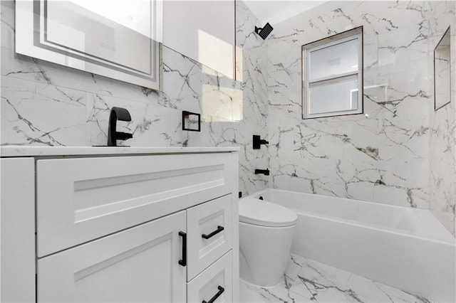 full bath featuring bathtub / shower combination, vanity, toilet, and marble finish floor