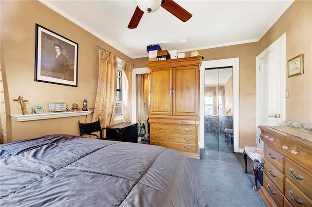 bedroom with ceiling fan, a closet, carpet, and ornamental molding