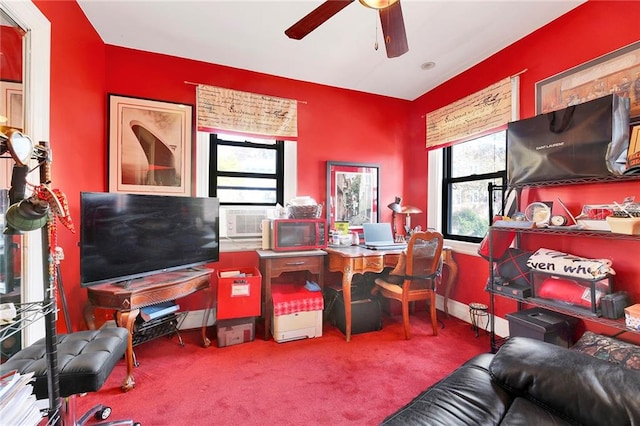 carpeted office with ceiling fan