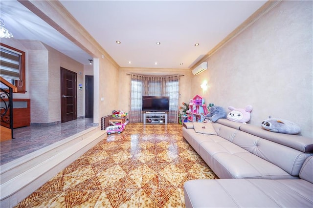 living room featuring recessed lighting, a wall mounted air conditioner, and ornamental molding