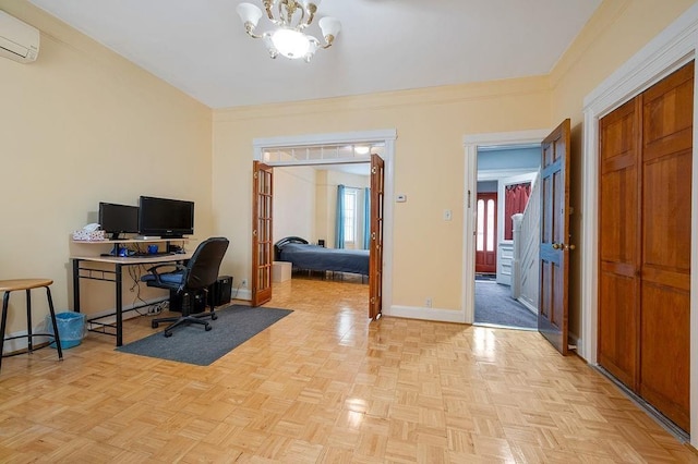 office space with a wall mounted AC, light parquet flooring, and a chandelier