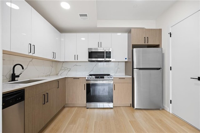 kitchen featuring white cabinetry, sink, decorative backsplash, and stainless steel appliances