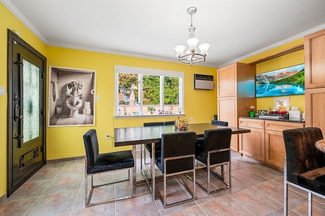 tiled dining area featuring ornamental molding, a notable chandelier, and a wall mounted AC