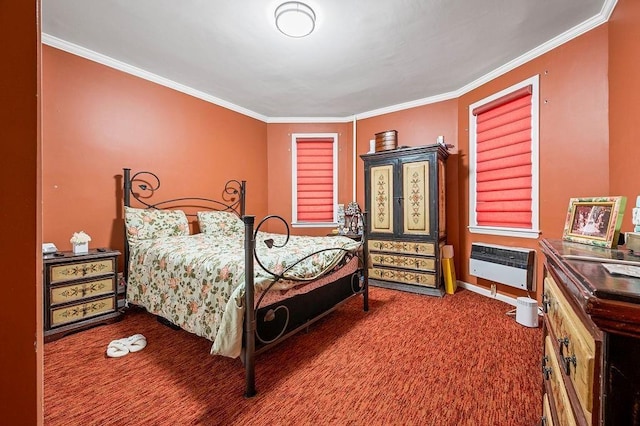 bedroom featuring carpet floors, ornamental molding, and heating unit