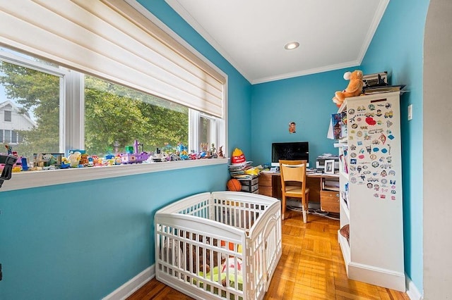 bedroom with recessed lighting, baseboards, parquet floors, ornamental molding, and a crib