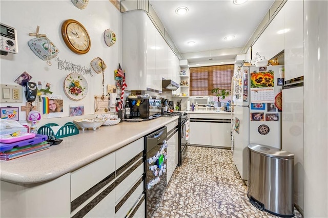 kitchen featuring open shelves, white cabinetry, black appliances, under cabinet range hood, and light countertops