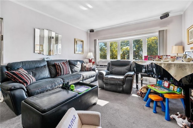 living room with carpet and ornamental molding