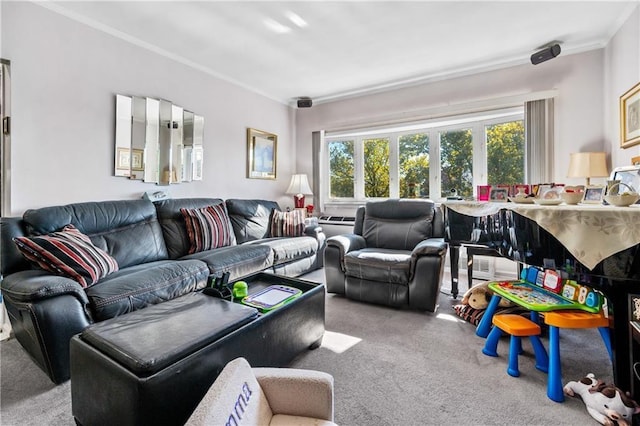 living room with ornamental molding, carpet floors, and plenty of natural light