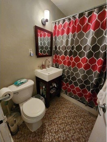 bathroom featuring vanity, toilet, and a shower with shower curtain