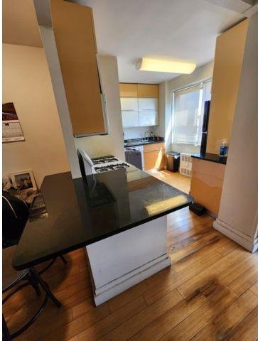 kitchen with kitchen peninsula and light hardwood / wood-style floors