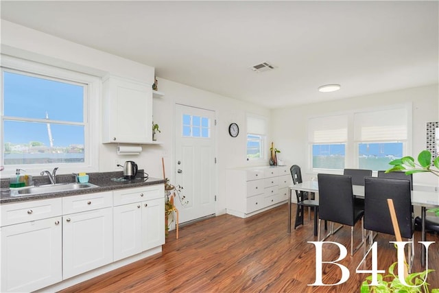 kitchen with dark countertops, a sink, white cabinetry, visible vents, and dark wood-type flooring