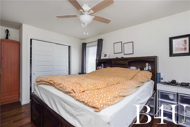 bedroom featuring a closet, dark wood-type flooring, and ceiling fan