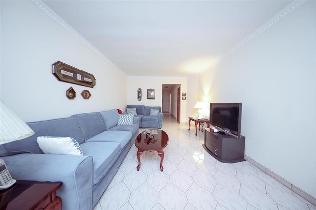 living room with ornamental molding