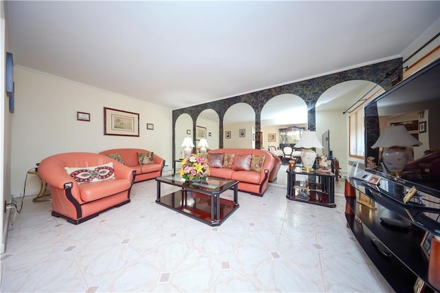 living room with crown molding