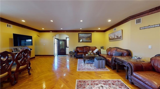 living room with crown molding