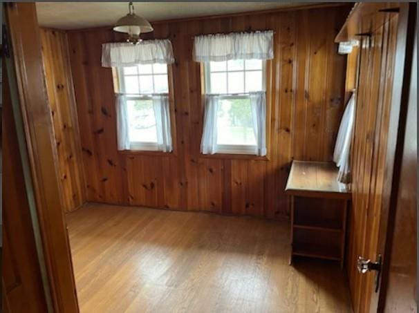 interior space with light wood-type flooring and wooden walls