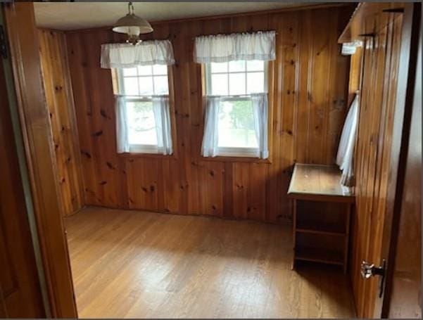 interior space featuring wood walls and light wood-type flooring