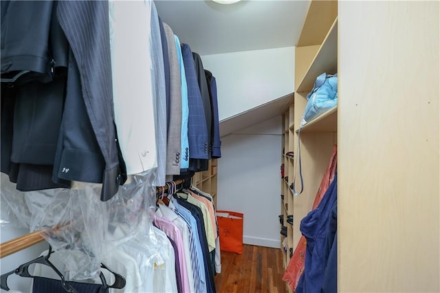 walk in closet with dark hardwood / wood-style floors