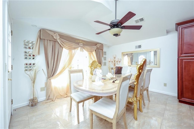 dining space featuring plenty of natural light, ceiling fan, and lofted ceiling