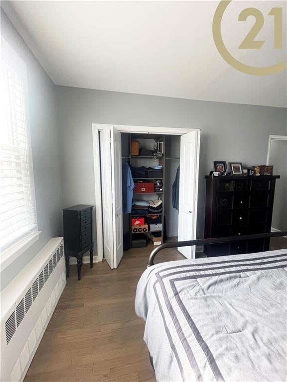 bedroom featuring radiator, a closet, and wood-type flooring