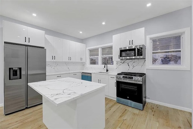 kitchen featuring sink, decorative backsplash, a kitchen island, white cabinetry, and stainless steel appliances