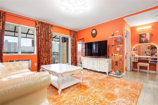 living room with radiator heating unit and light hardwood / wood-style flooring