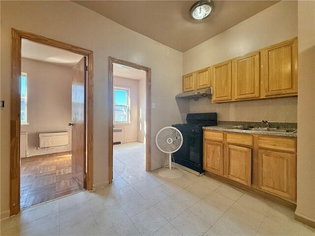 kitchen with sink, radiator heating unit, black range, light stone countertops, and light parquet floors