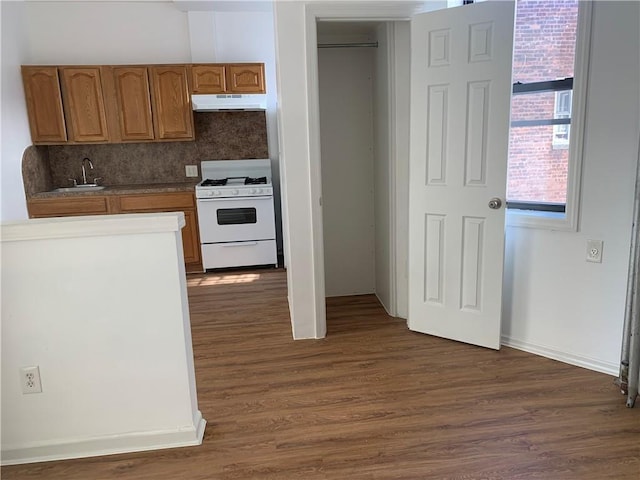1738 79th St, Brooklyn, NY 11214 - kitchen with white gas stove, under cabinet range hood, dark wood-style floors, decorative backsplash, and a sink