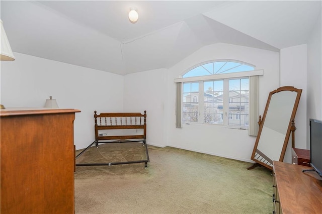 bedroom featuring carpet floors and vaulted ceiling