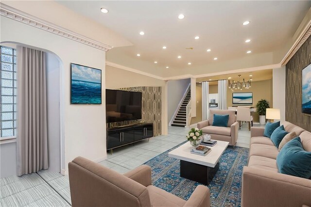 living room featuring light tile patterned flooring and crown molding