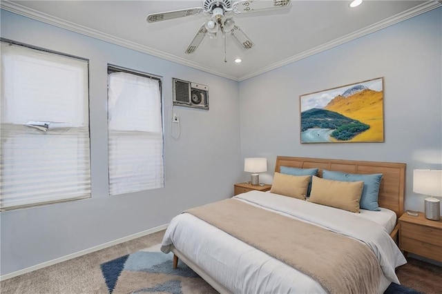 carpeted bedroom featuring ceiling fan and ornamental molding