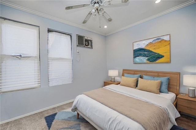 carpeted bedroom featuring multiple windows, baseboards, crown molding, recessed lighting, and a ceiling fan