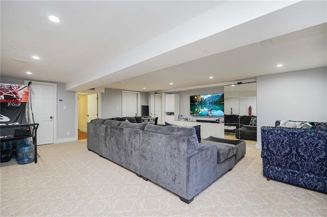 living room with light colored carpet