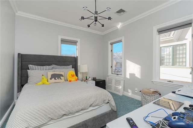 bedroom with carpet, crown molding, and multiple windows