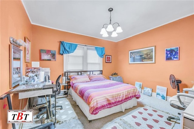 carpeted bedroom with a chandelier and crown molding