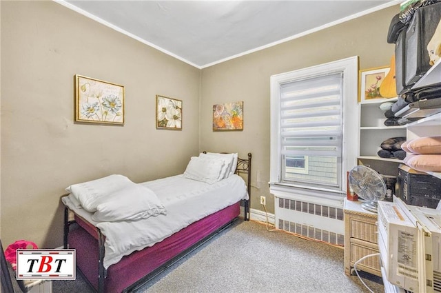 carpeted bedroom with crown molding and radiator heating unit