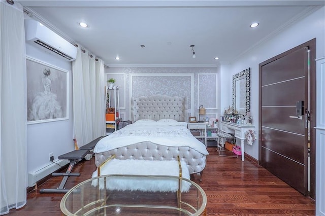 bedroom with ornamental molding, an AC wall unit, and dark hardwood / wood-style floors